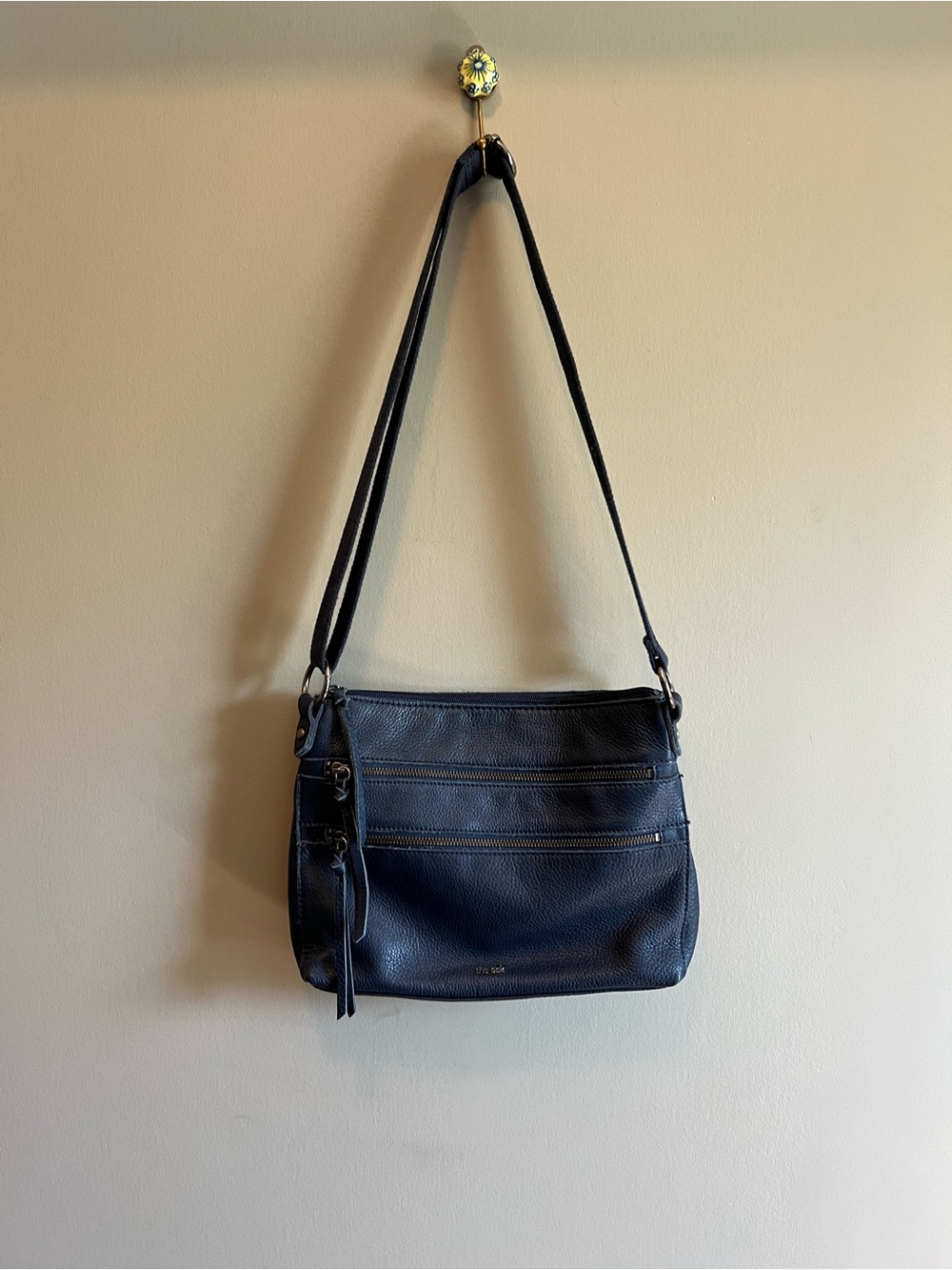 The Sak Black Navy Pebbled Leather Crossbody with Dual Zip Front Pockets